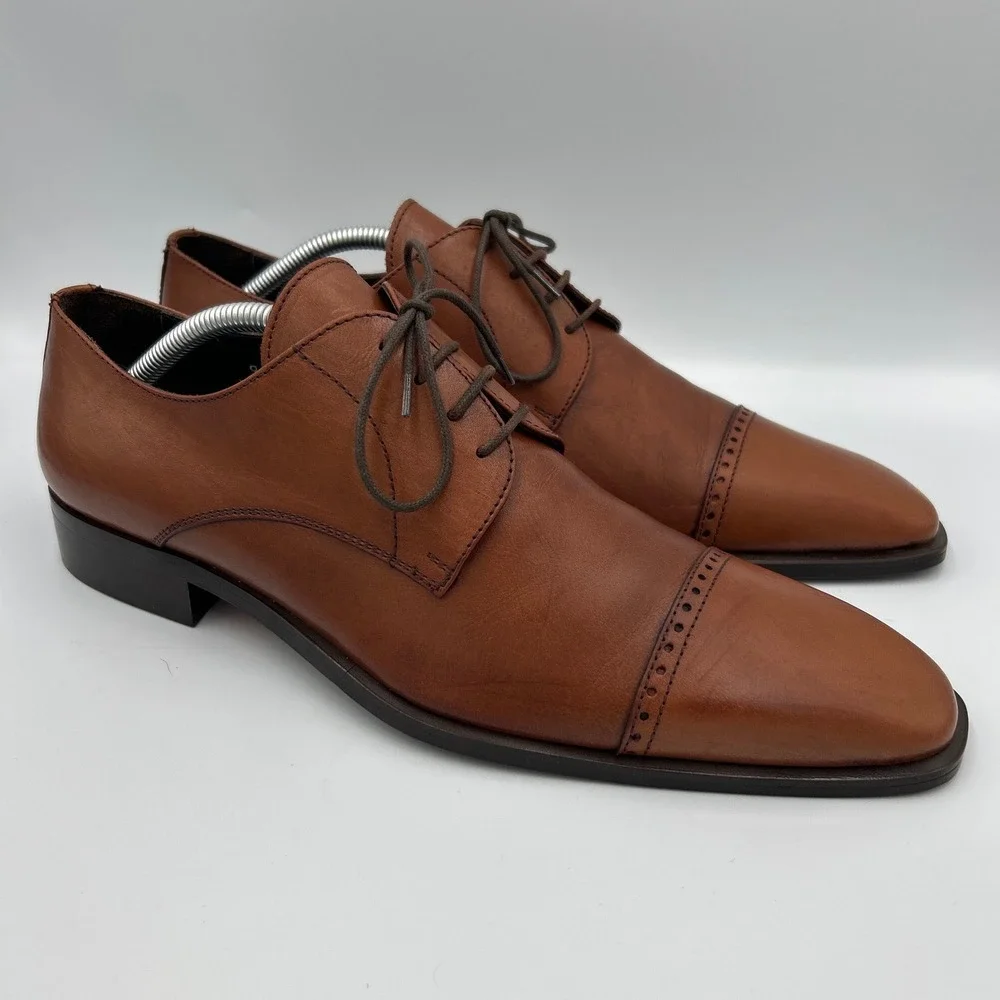 SOULIER Mens Cognac Brown Leather‎ Cap Toe Brogue Derby Shoes Size 43